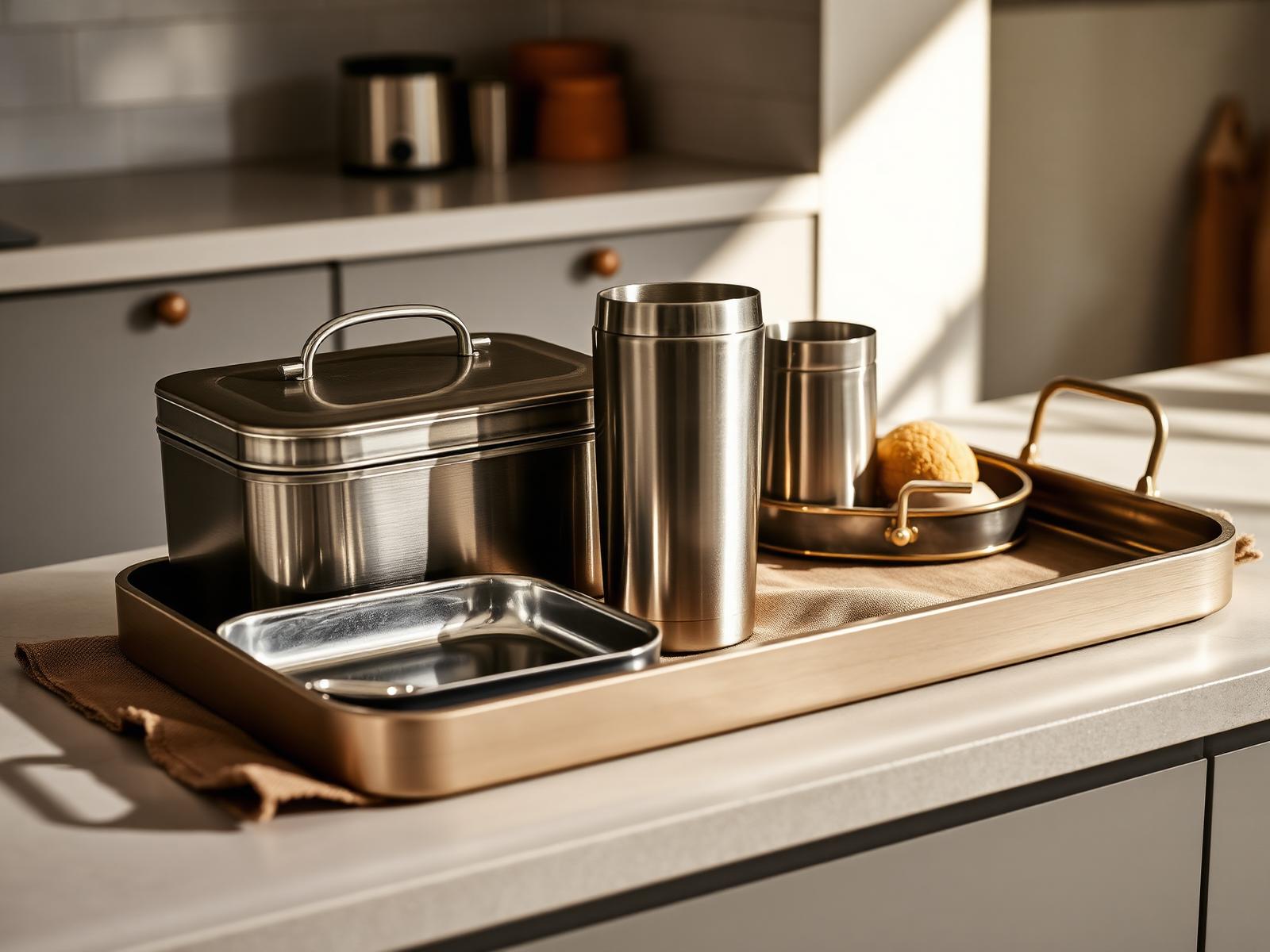 ZIPNOB launch collection: stainless lunch box, tumbler and brushed steel tray on a warm kitchen counter